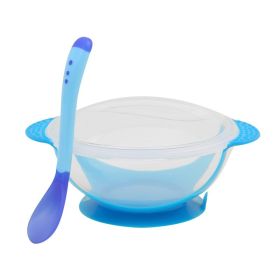 KidKeeper Bowl and Spoon Anti-slip Suction Base with Heat Sensing Spoon (Color: Blue)