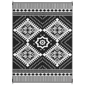 Reversible Outdoor Rug, Waterproof Plastic Straw With Carry Bag, 9 X 12, White & Black Toothed Rhombus (Color: White)