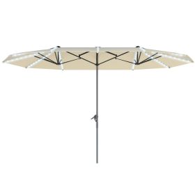 15ft Double-Sided Outdoor Umbrella With Solar Lights, Extra Large Aluminum Patio Umbrella With Crank, Cream White (Color: White)